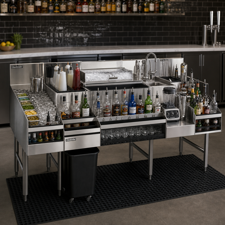 Product image #2 for Glastender 60-Inch All-In-One Underbar Ice Bin/Cocktail Station with Center Ice Bin, Sink, Blender Shelf, Speed Rail, and 10-Circuit Cold Plate