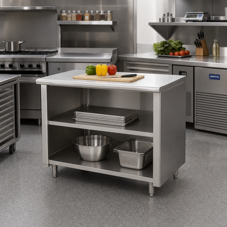 Product image #2 for Advance Tabco Special Value Series 36 x 24-Inch Economy Open Base Work Table with Mid-Shelf, 16 Gauge 304 Stainless Steel
