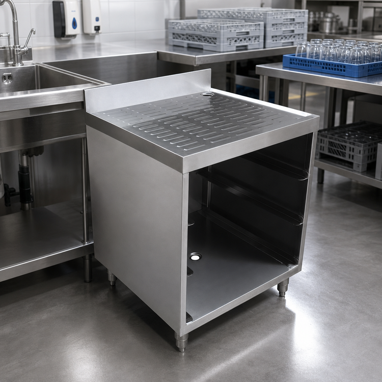 Product image #2 for Omcan USA 24 x 23 x 33-Inch 304 Stainless Steel Glass Rack Storage Unit with Drainboard Top and Open Front Cabinet Base