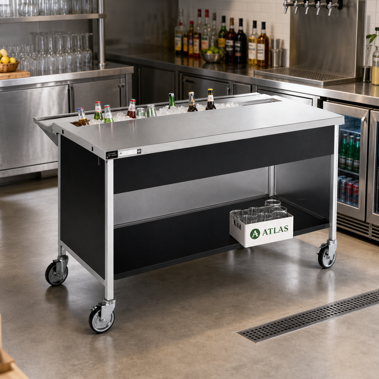 Product image #2 for Atlas Metal 36-1/4 Inch Mobile Beverage Serving Counter with Stainless Steel Top and Full-Length Drip Trough