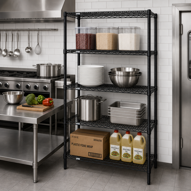 Product image #2 for Quantum Wire Shelving Starter Kit, 24-Inch Wide x 14-Inch Deep x 86-Inch High, 4-Shelf, Black Epoxy Antimicrobial Finish