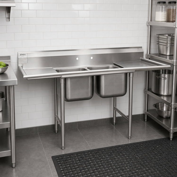 Product image #2 for Eagle Group 314 Series Two-Compartment Stainless Steel Sink with Right Drainboard, 56-5/8" W x 27-1/2" D