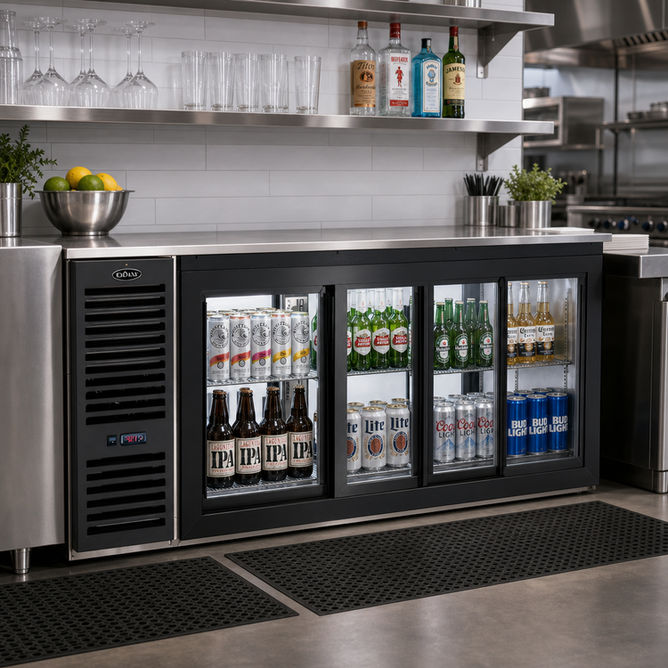 Product image #2 for Pass-Thru Sliding Door Refrigerated Back Bar Storage Cabinet, 60 Inch, 4 Glass Doors, Left-Mounted Self-Contained