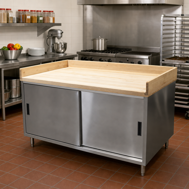 Product image #2 for BK Resources Chef Table with 1-3/4-Inch Hard Maple Bakers Top, Stainless Steel Cabinet Base, Sliding Doors, 60 x 30 Inches