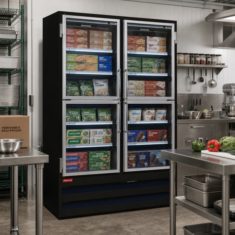 Product image #2 for Howard-McCray GF88BM-B-FF Four-Section Black Hinged Glass Door Frozen Food Merchandiser Freezer, 88 Cu. Ft., Bottom-Mount Self-Contained