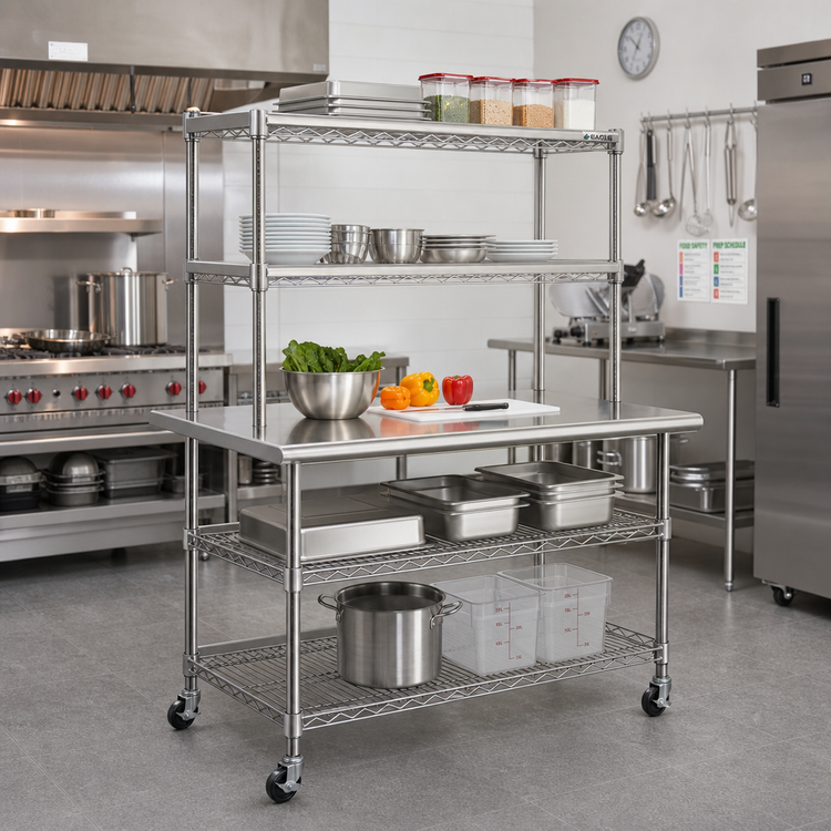 Product image #2 for Eagle AdjusTable Two-Tier 14-Gauge 304 Stainless Steel Work Surface System, 60 x 30 Inches, with Double Wire Overshelves