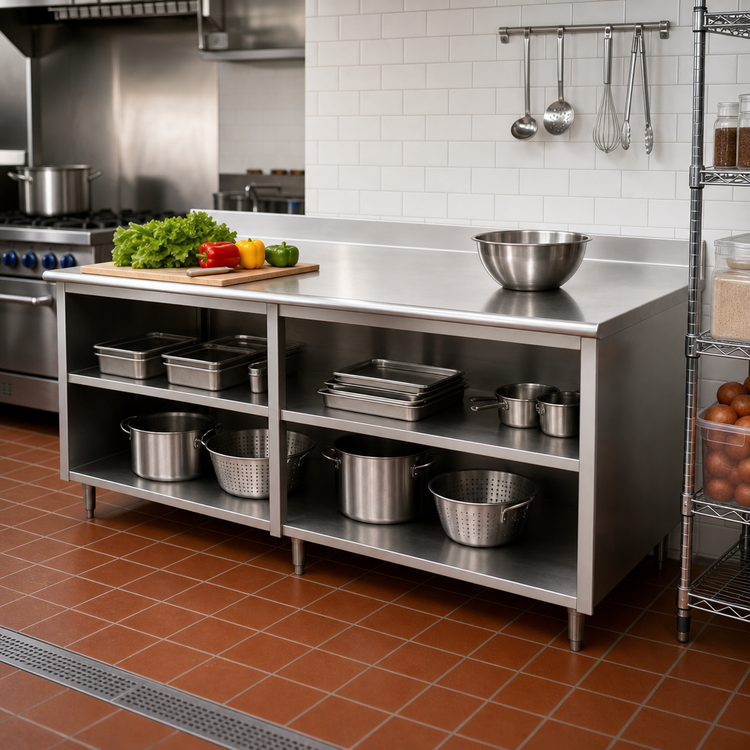 Product image #2 for Advance Tabco Special Value Economy 96-Inch x 24-Inch Stainless Steel Open Front Cabinet Work Table with 5-Inch Backsplash and Mid-Shelf
