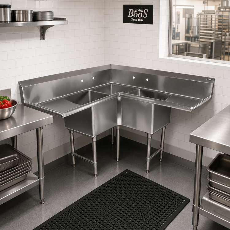 Product image #2 for John Boos Pro-Bowl 3-Compartment Corner Sink with Dual 36-Inch Drainboards, 16-Gauge Stainless Steel