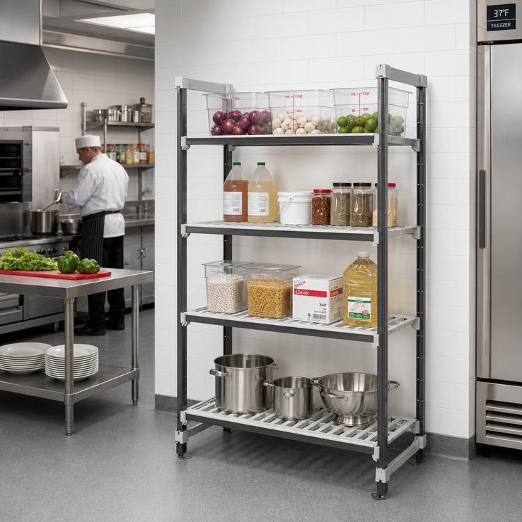 Product image #2 for Cambro Camshelving Elements XTRA 4-Shelf Vented High Density Top Rail Stationary Starter Unit, 21"D x 42"L x 81"H