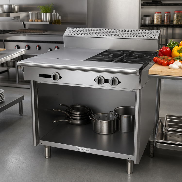 Product image #2 for Garland Cuisine Series Heavy Duty 36-Inch Gas Combination Top Range with 2 Open Burners, Right 18-Inch Even Heat Hot Top, and Storage Base