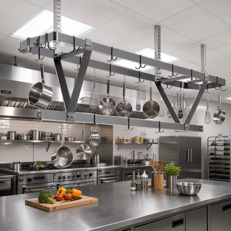 Product image #2 for Ceiling-Mounted Triple-Bar Stainless Steel Pot Rack with 30 Hooks, 112 x 20 x 18 Inches