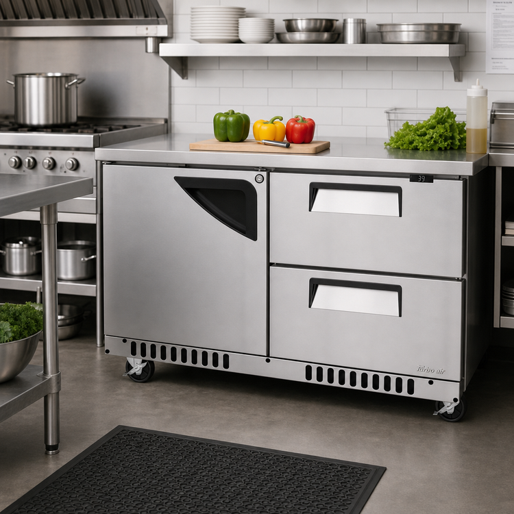 Product image #3 for Turbo Air Super Deluxe Series 48-1/4-Inch Two-Section Undercounter Refrigerator with 1 Door and 2 Drawers, Front Breathing, 11.1 Cu. Ft.