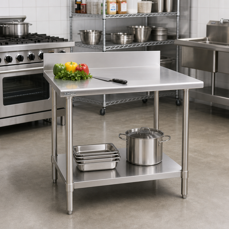 Product image #2 for BlendPort KL Series 48 x 24 Inch Stainless Steel Work Table with Backsplash and Undershelf