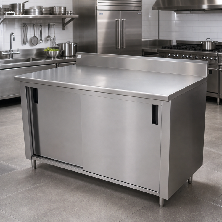 Product image #2 for Advance Tabco 96-Inch x 36-Inch Enclosed Work Table with Cabinet Base, Sliding Doors, 14-Gauge 304 Stainless Steel Top, and 5-Inch Backsplash