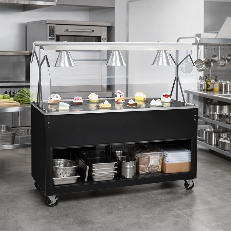 Product image #2 for Vollrath 2-Series Affordable Portable 60-Inch Mobile Utility Station with Illuminated Buffet Breath Guard and Open Storage Base
