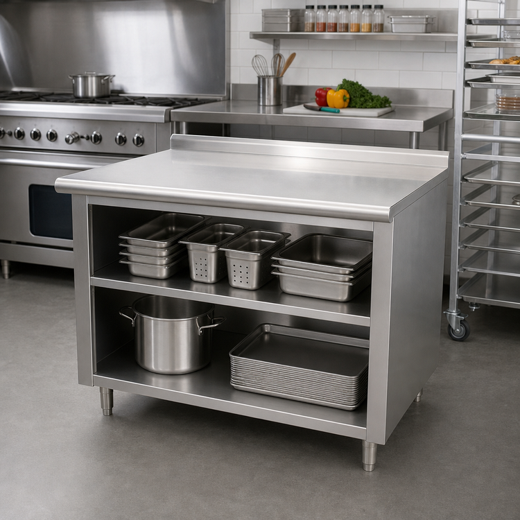Product image #2 for Advance Tabco 60" x 24" 14 Gauge 304 Stainless Steel Open Front Cabinet Base Work Table with Mid-Shelf and 1-1/2" Rear Up-Turn