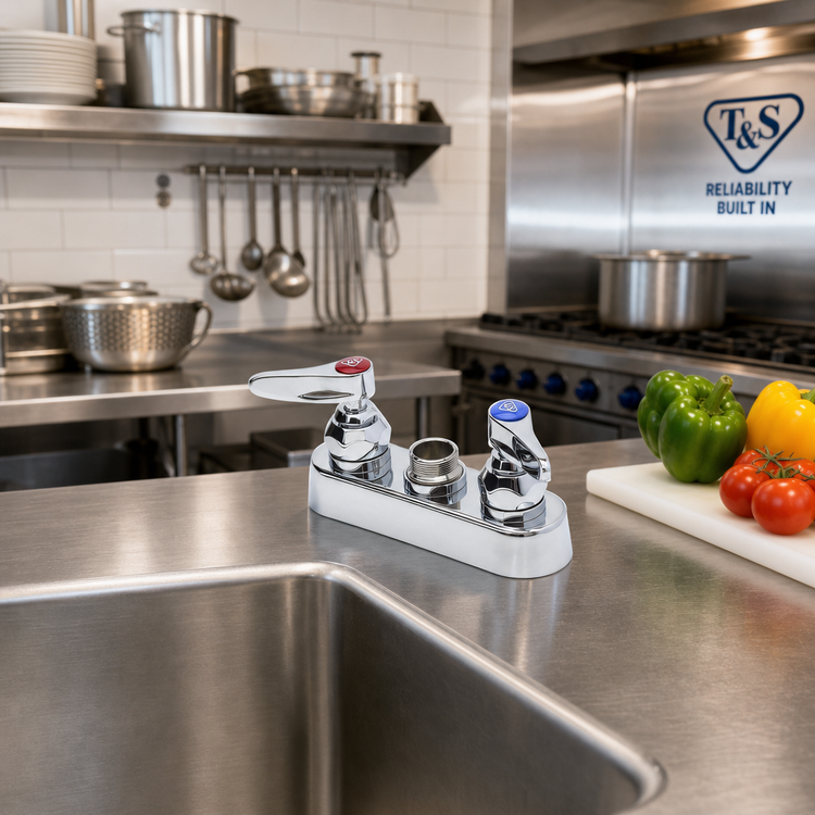 Product image #2 for T&S Brass B-1110-CR-LN Deck-Mount Workboard Faucet Base Without Spout, 4-Inch Centers, Lever Handles, Cerama Cartridges, Polished Chrome