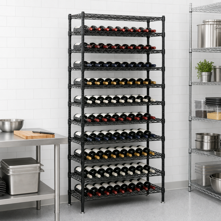 Product image #2 for Quantum Wire Cradle Commercial Wine Rack Shelving Unit, 36W x 14D x 86H, Black Epoxy Antimicrobial Finish, 153-Bottle Capacity