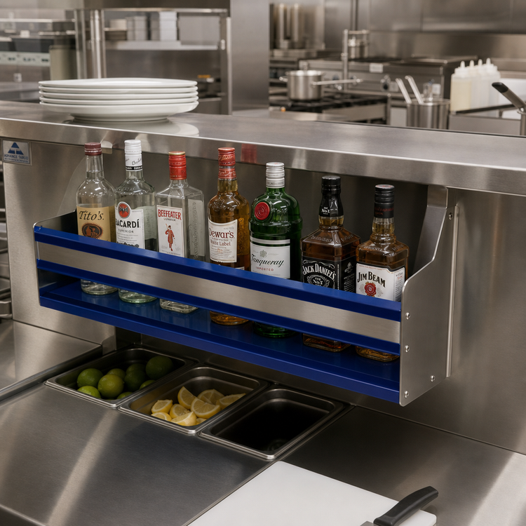 Product image #2 for Advance Tabco Prestige 30-Inch Single-Tier Hang-On Stainless Steel Speed Rail, 7-Bottle Capacity