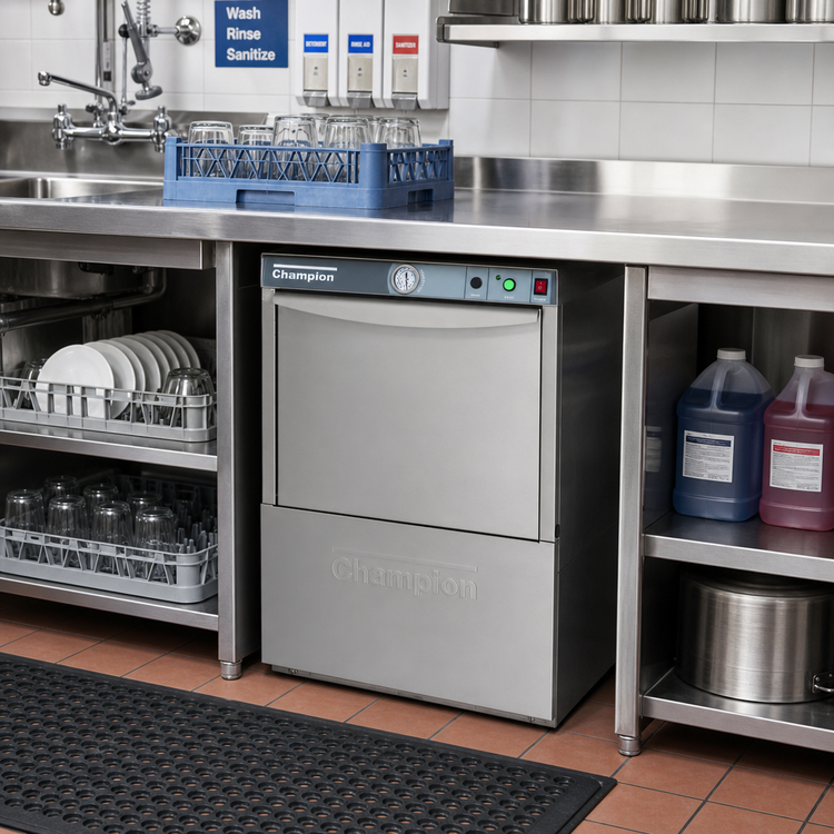 Product image #2 for Champion UL-130 Undercounter Low-Temperature Chemical Sanitizing Dishwasher, 20" x 20" Rack, 115V