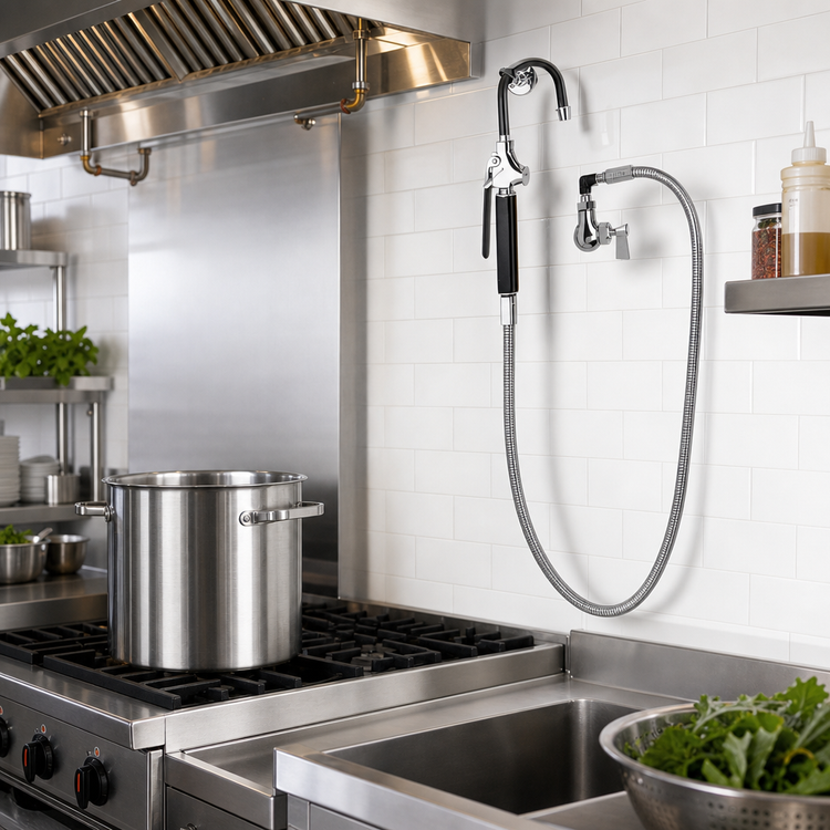Product image #2 for Fisher Hose-Style Wall-Mount Pot Filler Faucet with 60-Inch Hose, Wall Hook, and 360-Degree Swivel