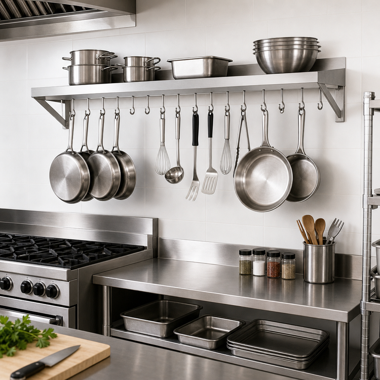Product image #2 for Wall-Mount Stainless Steel Overshelf Pot Rack with 18 Double-Sided Hooks, 36 x 12 Inches