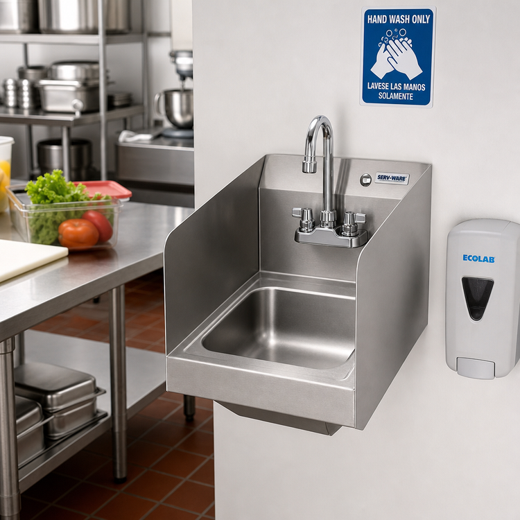 Product image #2 for Serv-Ware Wall-Mounted Stainless Steel Hand Sink with Double Splash Guards and Faucet, 12 x 16 x 12.5 Inches