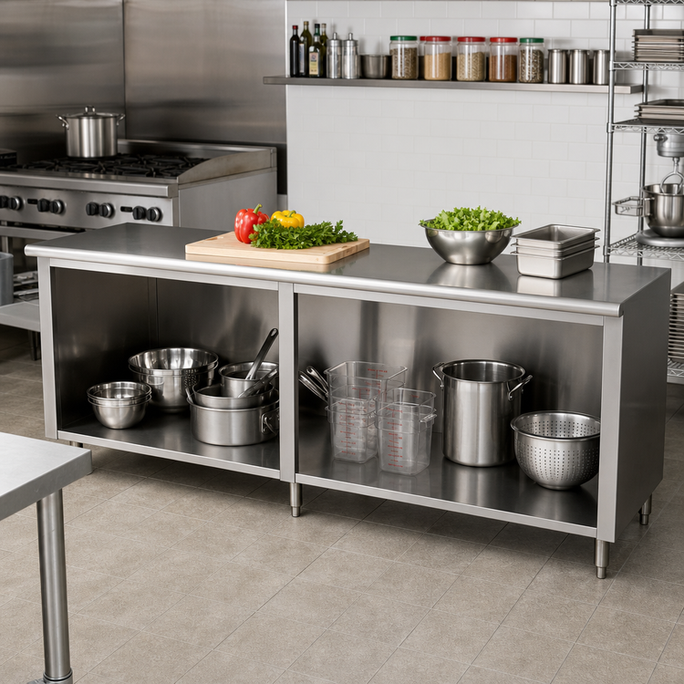 Product image #2 for Advance Tabco Special Value Economy Flat Top Open Base Work Table, 108-Inch W x 24-Inch D, 16 Gauge 304 Stainless Steel Top