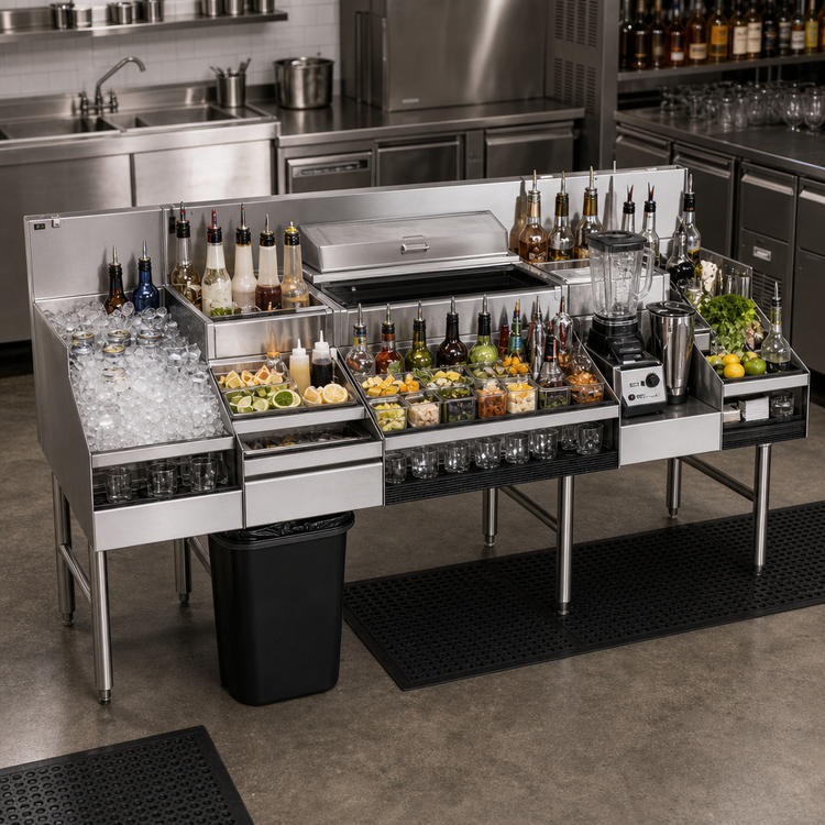 Product image #2 for Glastender ALL-60A 60-Inch All-In-One Underbar Ice Bin/Cocktail Station with Blender Shelf and Double Speed Rail