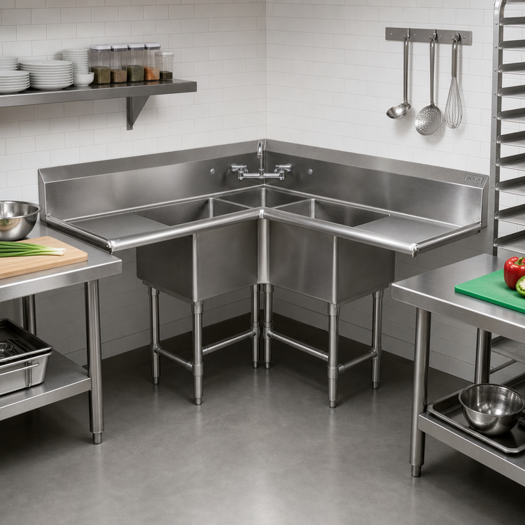 Product image #2 for John Boos Pro-Bowl 3-Compartment Corner Sink with Dual 24-Inch Drainboards