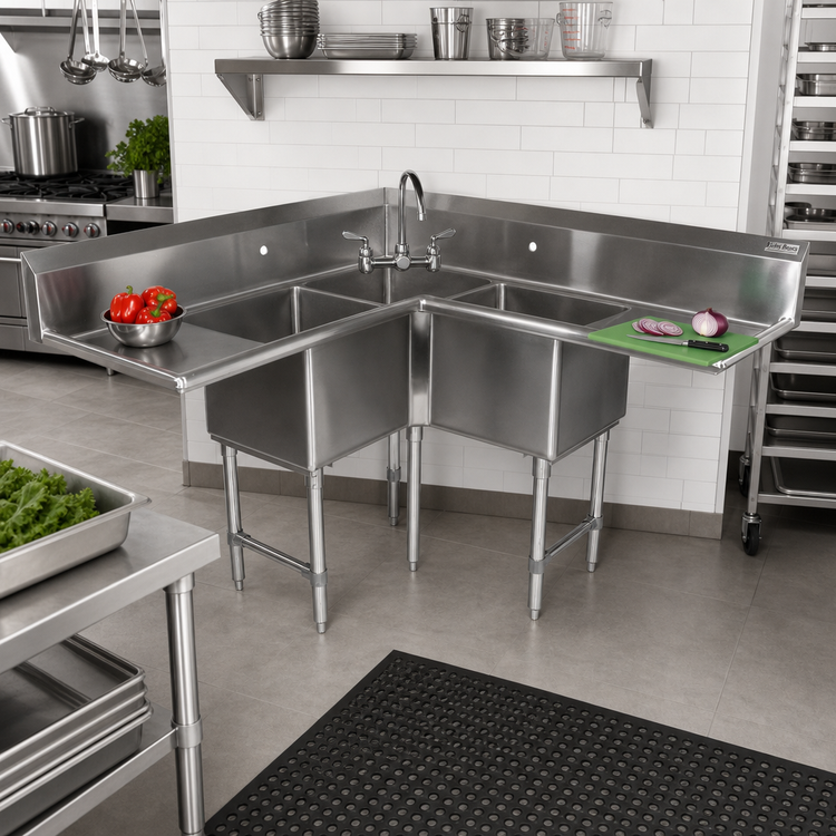 Product image #2 for John Boos Pro-Bowl 3-Compartment Corner Sink with Dual 24-Inch Drainboards