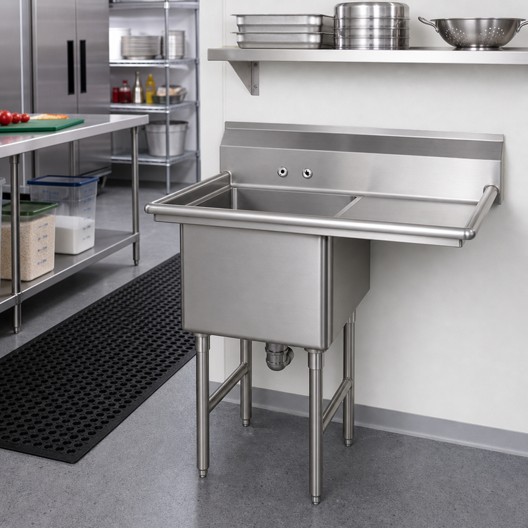 Product image #2 for Advance Tabco 1-Compartment Fabricated Sink with 18-Inch Right Drainboard, 16 x 20 x 14 Bowl, 14-Gauge 304 Stainless Steel