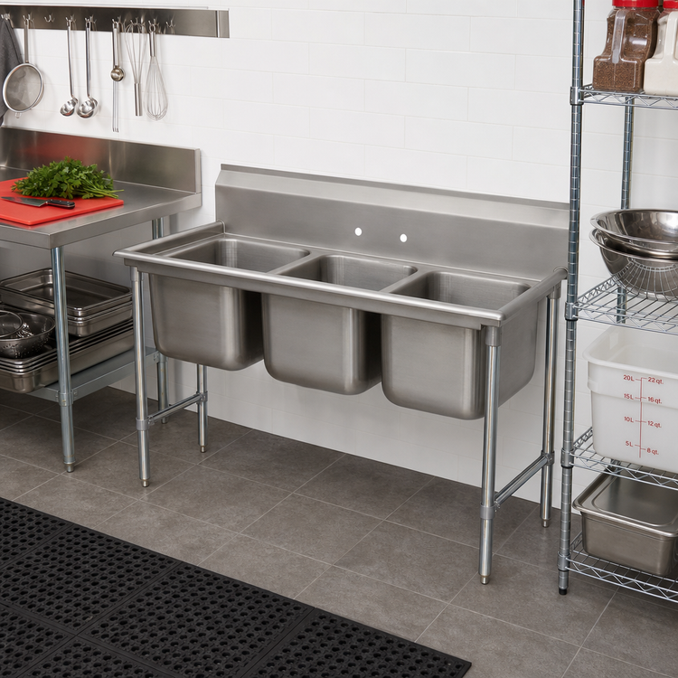 Product image #2 for Advance Tabco Special Value Series Regaline 3-Compartment Sink with 20 x 16 x 12-Inch Bowls and Galvanized Open Frame Base