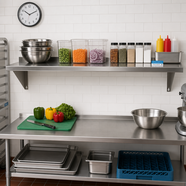 Product image #2 for BK Resources T-304 Premium Stainless Steel Wall-Mounted Shelf, 96 Inch W x 16 Inch D