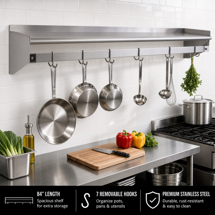 Product image #2 for Wall-Mounted Stainless Steel Pot Rack Shelf with 7 Removable Hooks, 84 x 12 Inches