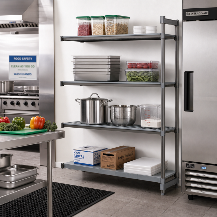 Product image #2 for Cambro Camshelving Basics Plus 21 x 60 x 64 Inch 4-Shelf Add-On Polymer Shelving Unit, Vented and Solid, Brushed Graphite