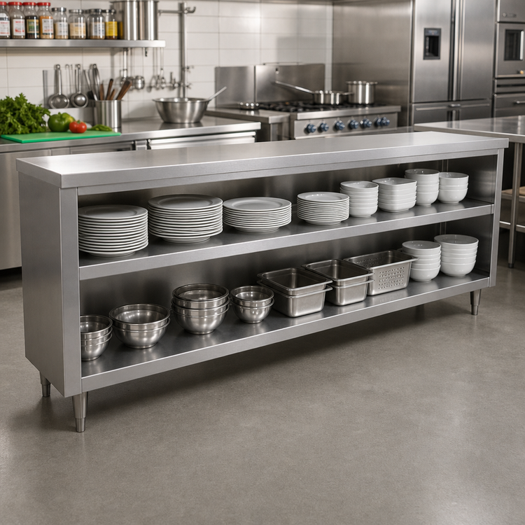 Product image #2 for Advance Tabco 72-Inch x 18-Inch Stainless Steel Dish Cabinet with Open Base and Mid-Shelf