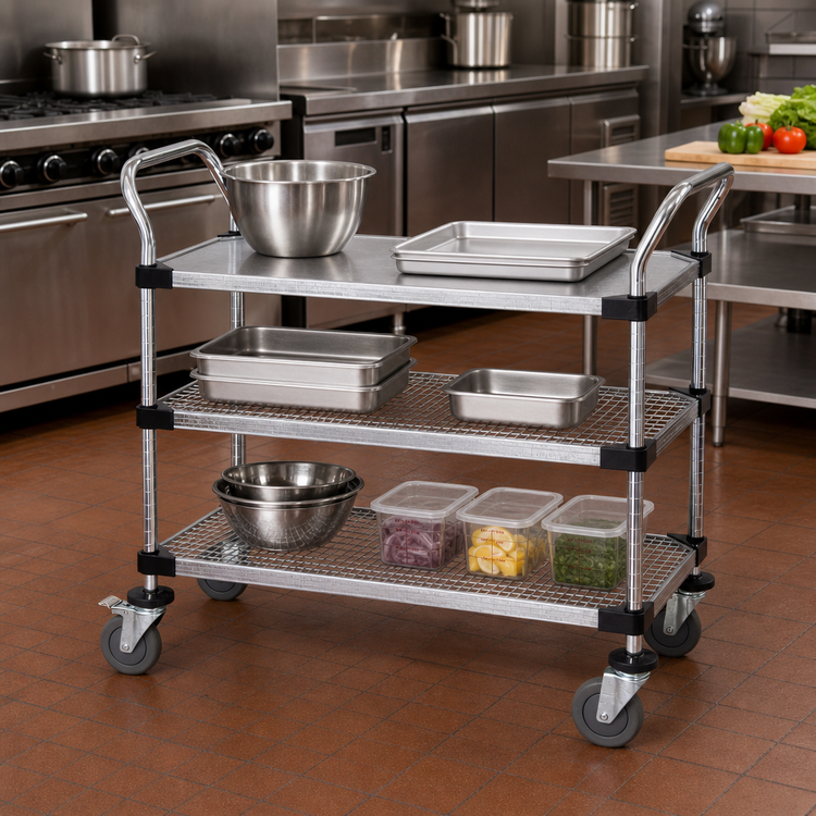 Product image #2 for Quantum 36-Inch x 18-Inch 3-Shelf Stainless Steel Utility Cart with 2 Wire Shelves and 1 Solid Shelf