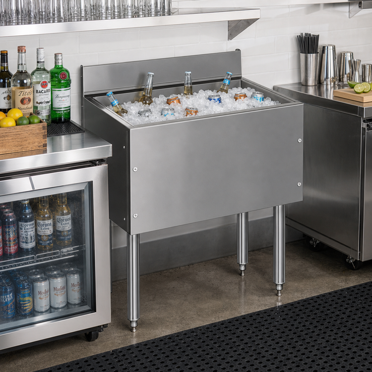 Product image #2 for CHOICE Extra Deep 48-Inch Stainless Steel Underbar Ice Bin with Open-Channel Backsplash, 185 lb. Capacity