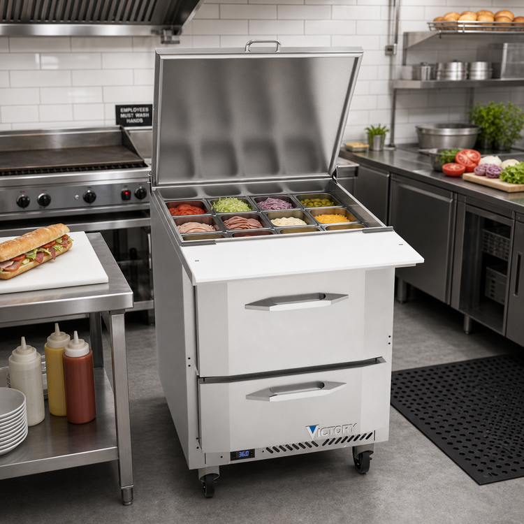 Product image #3 for Victory UltraSpec™ V-Core Big Top 27-Inch Sandwich Prep Refrigerator with 2 Drawers and 12-Pan Top