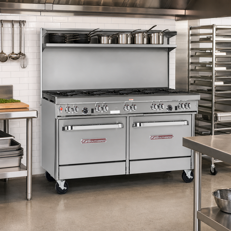 Product image #2 for Southbend Ultimate 60-Inch Gas Restaurant Range with 9 Open Burners, 2 Cabinets and Hi-Shelf Backriser
