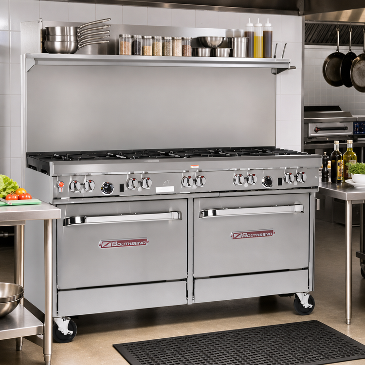 Product image #2 for Southbend Ultimate 60-Inch Gas Restaurant Range with 9 Open Burners, 2 Cabinets and Hi-Shelf Backriser
