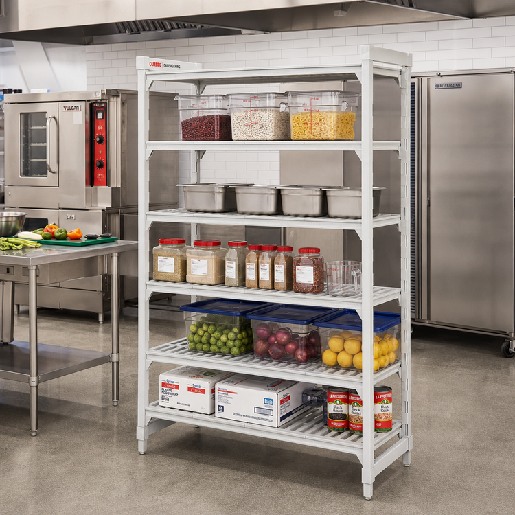 Product image #3 for Cambro Camshelving Premium 5-Tier Vented Stationary Starter Polymer Shelving Unit, 18 x 60 x 64 Inches, Speckled Gray