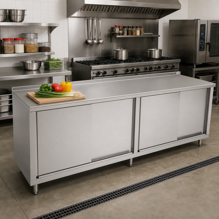 Product image #2 for John Boos 132" x 24" Stainless Steel Cabinet Base Work Table with Sliding Doors and 1-1/2" Rear Riser