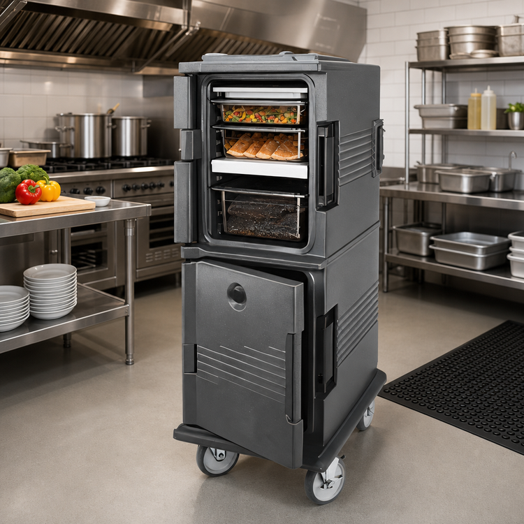 Product image #3 for Cambro Ultra Camcart Heated Top Door Only 2-Compartment Front-Loading Food Pan Carrier, Granite Gray, 110V