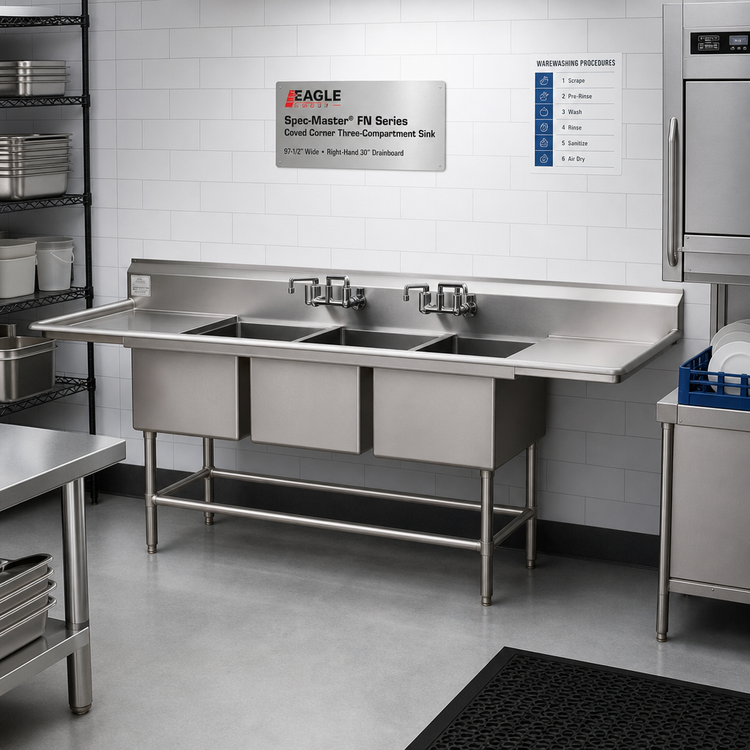 Product image #2 for Eagle Spec-Master FN Series Coved Corner Three-Compartment Sink with Right-Hand 30-Inch Drainboard, 97-1/2-Inch Wide