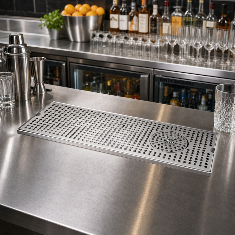 Product image #2 for Surface-Mount 8 Inch x 24 Inch Brushed Stainless Steel Drip Tray Trough with Glass Rinser