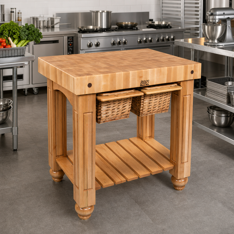 Product image #3 for John Boos American Heritage Gathering Block II 36 x 24 x 36-Inch End Grain Maple Butcher Block Work Table with 2 Wicker Baskets