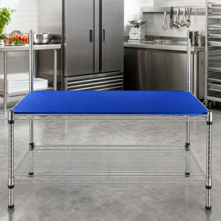 Product image #2 for QuadPLUS 42 x 18 Inch Solid Blue Polymer Shelf Mat with MICROGARD Antimicrobial Protection and Chrome Quad-Adjust Wire Frame