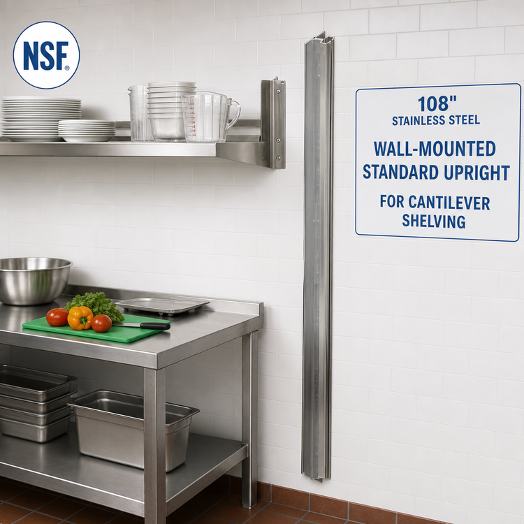 Product image #2 for 108-Inch NSF Stainless Steel Wall-Mounted Standard Upright for Cantilever Shelving